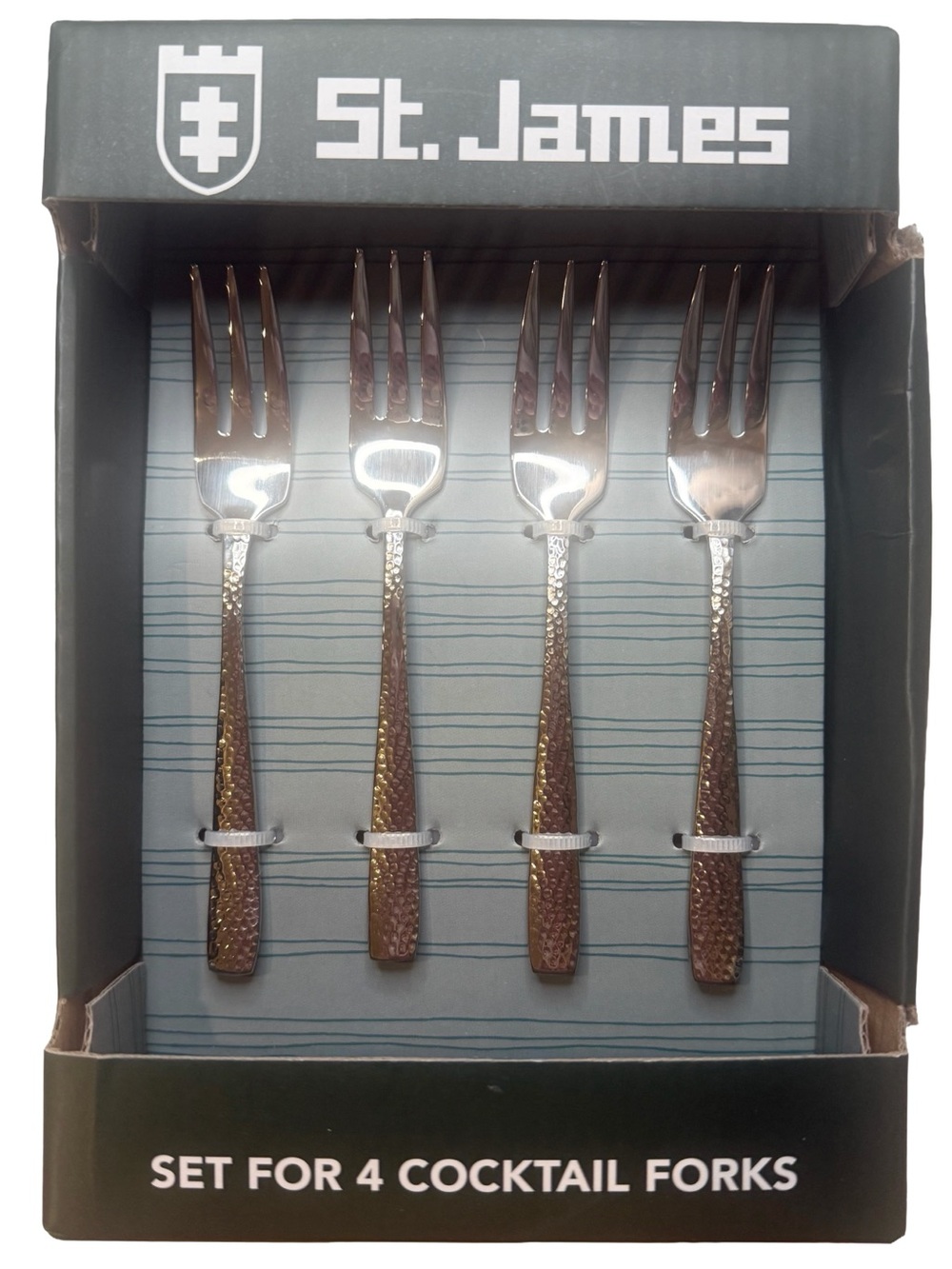 St. James Masonry Hammered Cocktail Forks Set of 4 Stainless Steel Luxury NWT